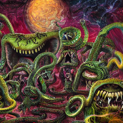 Image similar to a crazy and extraterrestrial hyper - detailed high painting of giant heads joined by snakes, the heads are open they have spiked scales and sharp teeth, the mouth is open and monstrous beings of all kinds run and scream, psychedelic horror surreal art cosmic horror weird bizarre art, cry engine octane render