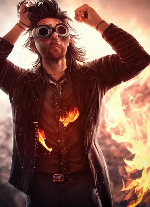 Image similar to An epic fantasy comic book style portrait painting of young man with red spiked long hair, using googles. Wearing a black waistcoat, white shirt. Fire on his hands. Unreal 5, DAZ, hyperrealistic, octane render, cosplay, RPG portrait, dynamic lighting