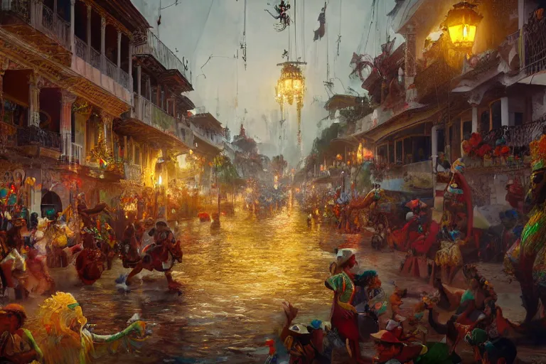 Image similar to carnaval de barranquilla colombia, thorough details, intricate, artstation, atmosphere, highly detailed, craig mullins, james jean, digital painting, deviantart, cinematic lighting, 4 k