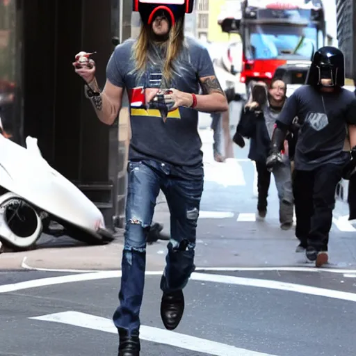 Image similar to kid rock wearing a daft punk helmet running after an ambulance in downtown new york city