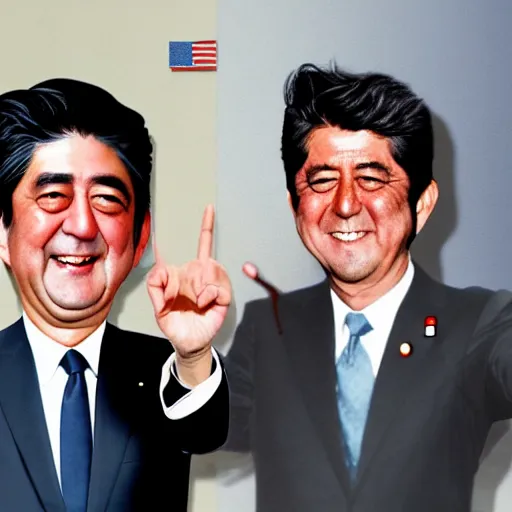 Image similar to shinzo abe and jfk pointing pistols at each other and laughing, photo style