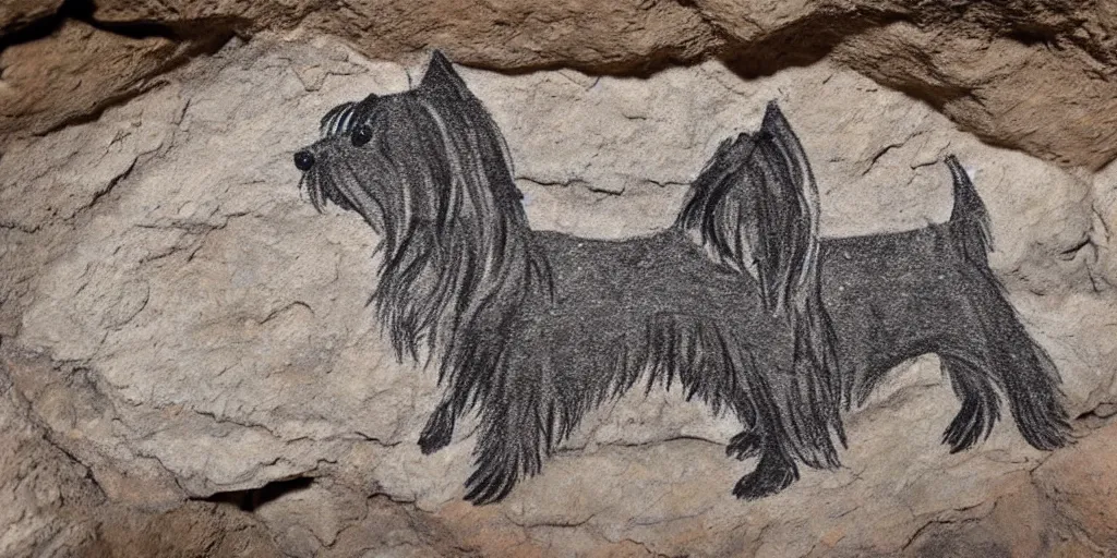 Prompt: A Yorkshire Terrier roughly sketched on the wall of a cave, a petrogliph, stone art by Pueblan peoples, stone art