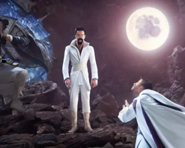 Prompt: still of dr. strange looking at moon knight dressed in his white suit, in avengers movie