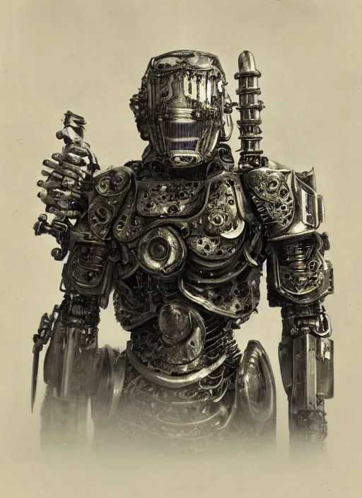 Image similar to old wetplate daguerreotype frame portrait of a futuristic silver armored knight district 9 cyborg, fractal, intricate, elegant, highly detailed, subsurface scattering, by jheronimus bosch and greg rutkowski and louis jacques mande daguerre