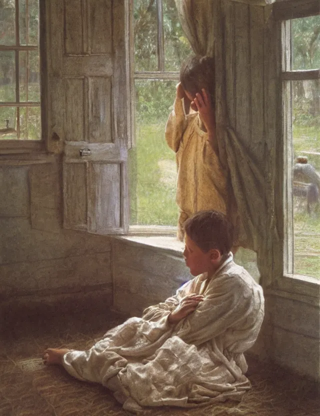 Image similar to peasant boy praying in country house, cottage core, cinematic focus, polaroid photo bleached vintage pastel colors high - key lighting, soft lights, foggy, by steve hanks, by lisa yuskavage, by serov valentin, by tarkovsky, detailed, oil on canvas