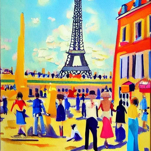 Prompt: A sunny day in modern Paris, colorful painting by Charles Blondin