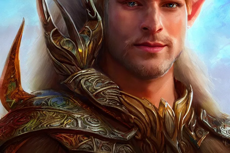 Image similar to A bright, happy painting of an Elven King, hyperrealistic, high-quality, professional, dramatic lighting, extremely high detail, trending on artstation