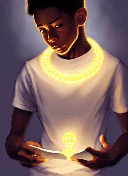 Image similar to portrait of chuck clayton, lightskin black teenage boy, very short curly hair, very short hair, short hair, strong jawline, square jaw, slight smile, reading archie comic, intricate, elegant, glowing lights, highly detailed, digital painting, artstation, concept art, smooth, sharp focus, illustration, art by wlop, mars ravelo and greg rutkowski