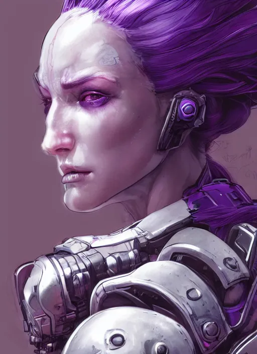 Image similar to close up portrait of a pale woman in sci - fi power armor with purple hair, powerful, domineering, stoic, masterful, intense, ultrafine hyperdetailed illustration by kim jung gi, irakli nadar, intricate linework, sharp focus, octopath traveler, yoji shinkawa, highly rendered, detailed, concept art