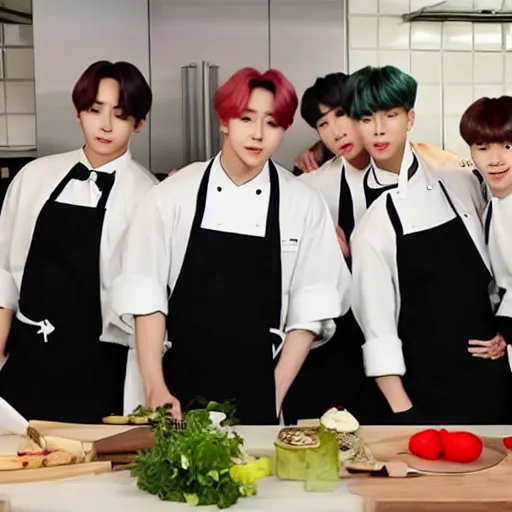 Image similar to BTS k-pop stars cooking show in 4k in gourmet kitchen with great lighting with Emma Watson as guest host