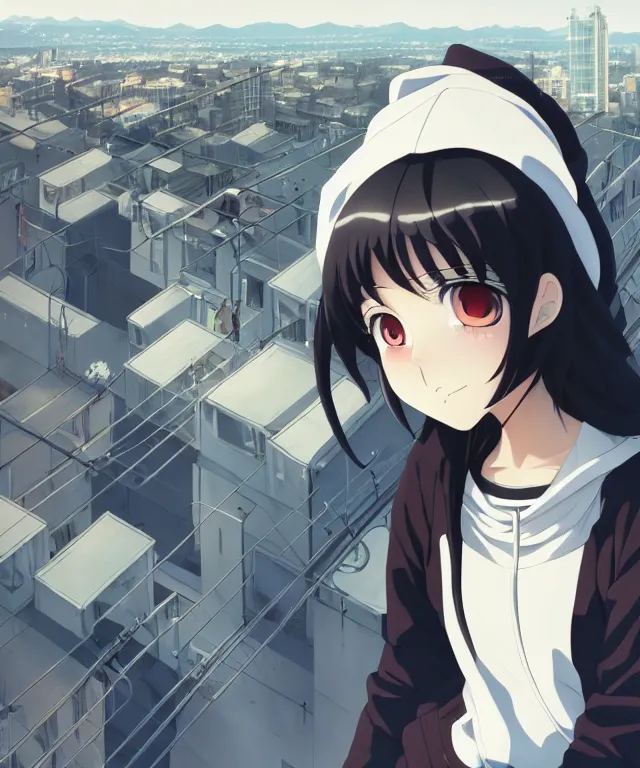 Image similar to anime visual, portrait of a young black haired girl wearing hoodie sightseeing above the urban city, on the school rooftop, guardrail, cute face by yoh yoshinari, katsura masakazu, dramatic lighting, dynamic pose, dynamic perspective, strong silhouette, ilya kuvshinov, moody, detailed