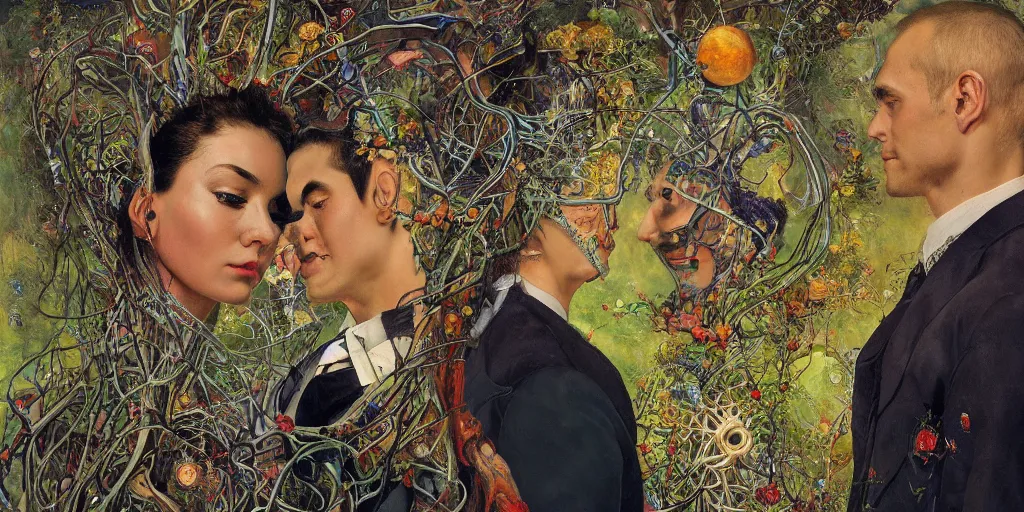 Prompt: two lovers wearing a suit made of nervous system, channeling third eye energy, surrounded by a background of cyber mystic garden of earthly delights, painted part by wojciech siudmak, part by ilya repin, part by norman rockwell, part by zhang jingna, artstation