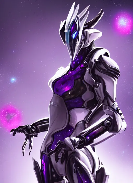 Image similar to cinematic bust shot, cosmic sized proportional stunning beautiful hot female warframe, detailed robot mecha female dragon head, metal ears purple eyes, sleek silver armor, fuschia skin, floating in empty space, nebula sized, posing elegantly, epic proportions, epic size, epic scale, furry art, dragon art, giantess art, warframe fanart, furaffinity, deviantart