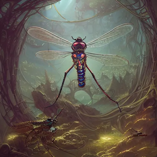 Image similar to hyperreal ultra detailed intricate mechanical clockwork dragonfly by peter mohrbacher and dan mumford, cgsociety, volumetric light