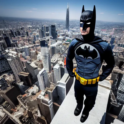 Image similar to Cr1tikal in a Batman costume standing on top of a building, epic, cinematic