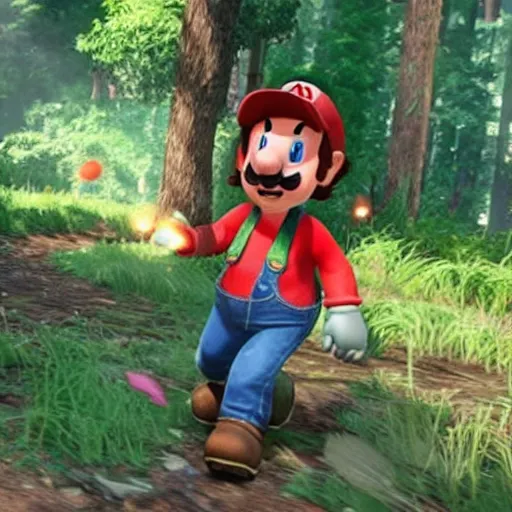 Prompt: Photo of Ellie (The Last of Us) walking through a realistic Super Mario Bros World 1-1