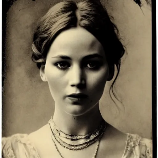 Image similar to victorian photograph of grace jennifer lawrence, lilly collins, 1 8 9 0 s photography, 1 9 0 0, realistic face, symmetrical face, studio photograph, grainy, edwardian, old photo