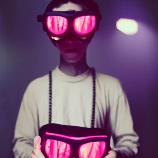 Image similar to kodak portra 4 0 0 photograph of a skinny goth nerd sitting in front of computer screen with face lit up, wearing goggles, moody lighting, telephoto, 9 0 s vibe, blurry background, vaporwave colors, faded!,