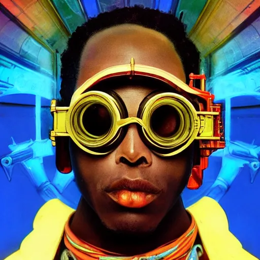 Image similar to colourful vfx upper half - portrait - art of a nigerian boywearing steam punk goggles, art by utagawa kunisada, james jean & alphonse mucha, symmetrical, intricate detail, concept art, volumetric light, ray tracing, caricature, digital illustration, octane 3 d render, unreal engine, sharp, pinterest, behance, art station,