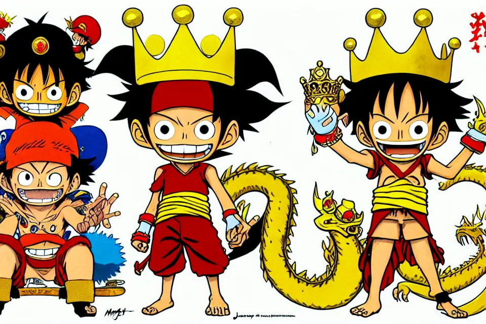 Image similar to concept sketches of luffy wearing a gold crown riding a large dragon by jamie hewlett, in the style of megaman, micro detail, disney cartoon