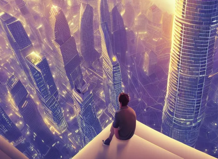 Image similar to closeup of a man [ standing on the pinnacle of the burj khalifa ]!!, holding a camera, viewing out into a [ futuristic cityscape ]!!, dusk atmosphere, digital art illustrated by max hay and greg rutkowski, [ 8 0 s neon art style ]!!, neon wallpaper!!, golden ratio!!, centered!!