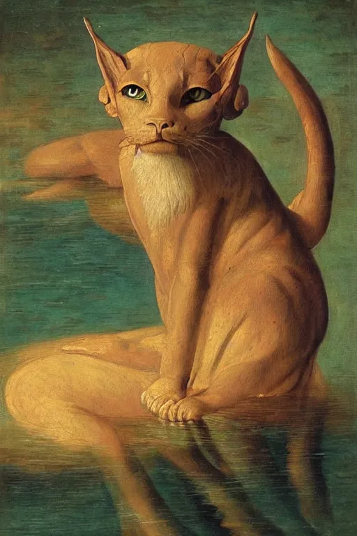 Image similar to Baroque painting of Bastet in a lake, inspired by Gustav Moreau and Wayne Barlowe, exquisite detail, hyper realism, ornate, exquisite detail, cute face