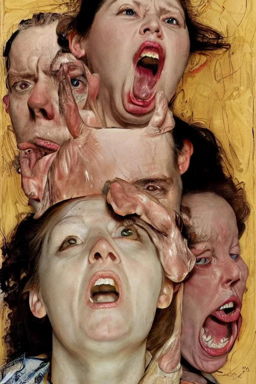 Prompt: portraits of a woman enraged, part by Jenny Saville, part by Lucian Freud, part by Norman Rockwell