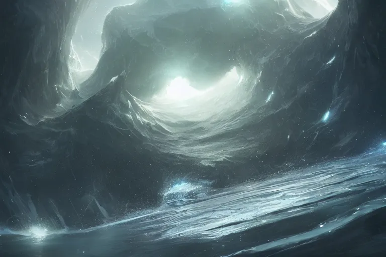 Image similar to primordial waters, chaos, the world without form and void, darkness shone on the face of the deep, amazing concept painting by Jessica Rossier