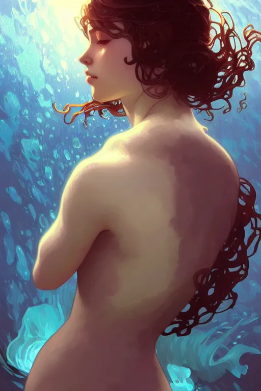 Prompt: a very beautiful water elemental girl, fantasy, portrait, sharp focus, intricate, elegant, digital painting, artstation, matte, highly detailed, concept art, illustration, ambient lighting, art by ilya kuvshinov, artgerm, Alphonse mucha, and Greg Rutkowski