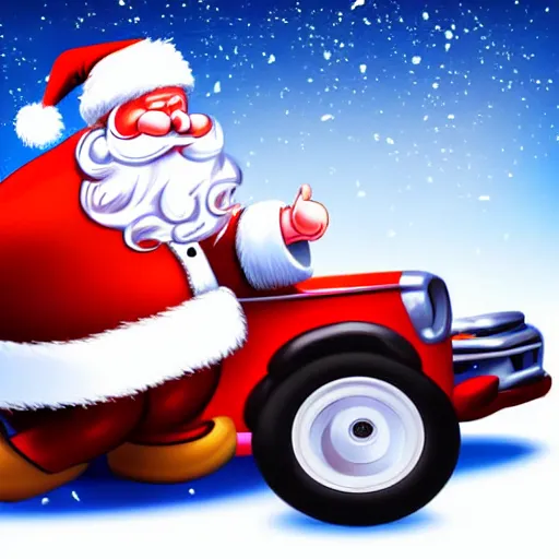 Image similar to Santa Clause driving a rally car he is going fast there is smoke coming from the tires there is snow on the track you can clearly see Santa Clause driving he is fat and jolly, realistic lighting, realistic shadows, highly reflective, photo realistic, hyper realistic