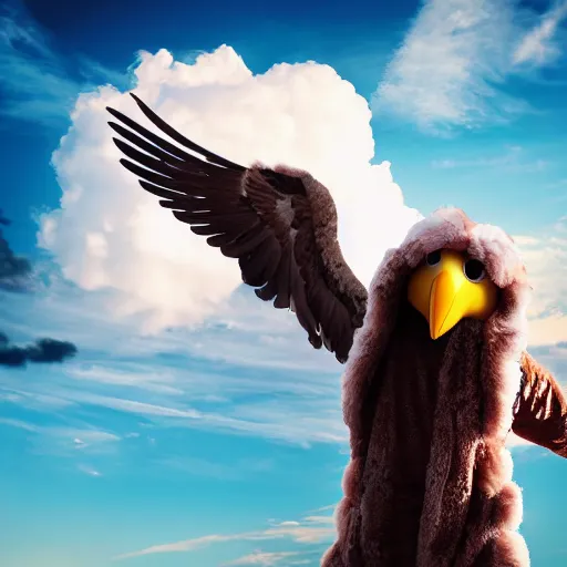 Image similar to cinematic photo of a giant eagle carrying away a person in a mascot costume, camera is looking up at the subject in the sky with fancy clouds behind