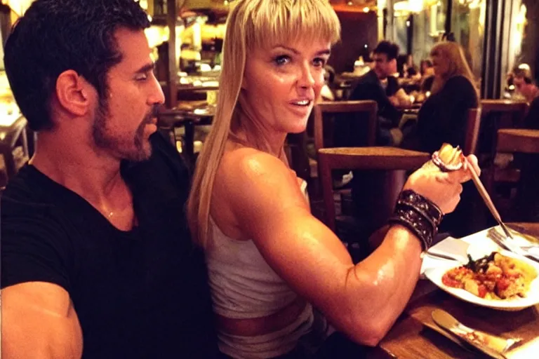 Image similar to xena warrior princess eating at a restaurant with a handsome cuban man