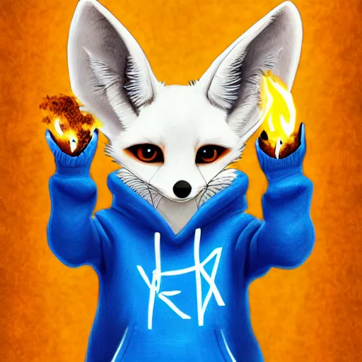 Image similar to Anthropomorphic fennec fox fursona character wearing a blue sweatshirt and holding fireballs, portrait, furry fandom, furaffinity, digital painting