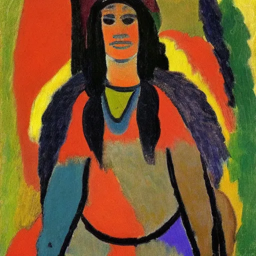 Image similar to painting of, young native american woman, full clothes on, in a jungle, by alexej von jawlensky