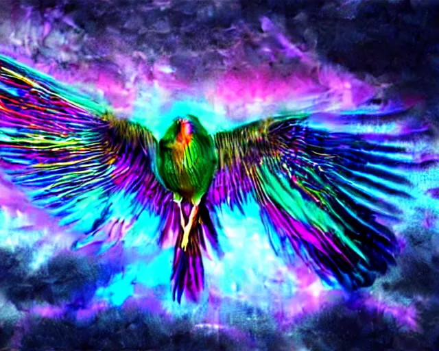 Prompt: a colorful iridiscent bird with tiny horns made of sticks flying through a cloudy blue sky, a hologram by Penny Patricia Poppycock, pixabay contest winner, holography, irridescent, photoillustration, vaporwave