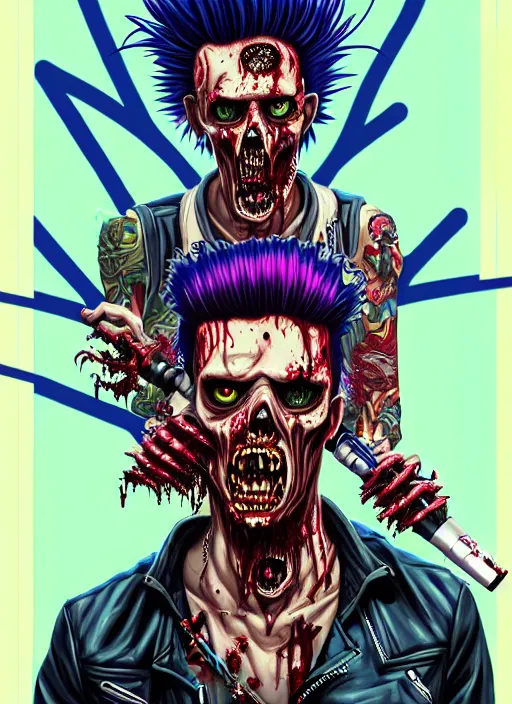 Prompt: a zombie punk rocker with a mohawk playing electric guitar, matty vogel, tristan eaton, victo ngai, artgerm, rhads, ross draws