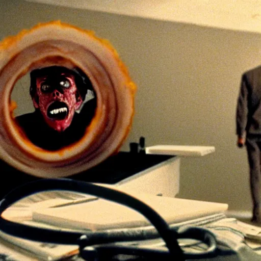 Image similar to filmic extreme wide shot dutch angle movie still 35mm film color photograph of a doctor with a huge gaping hole in his stomach sliced open, in the style of a horror film