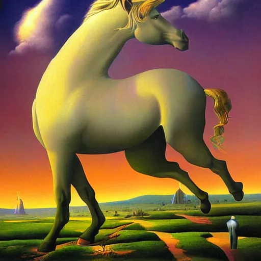 Image similar to surreal painting named unicorn kingdom by Vladimir Kush,