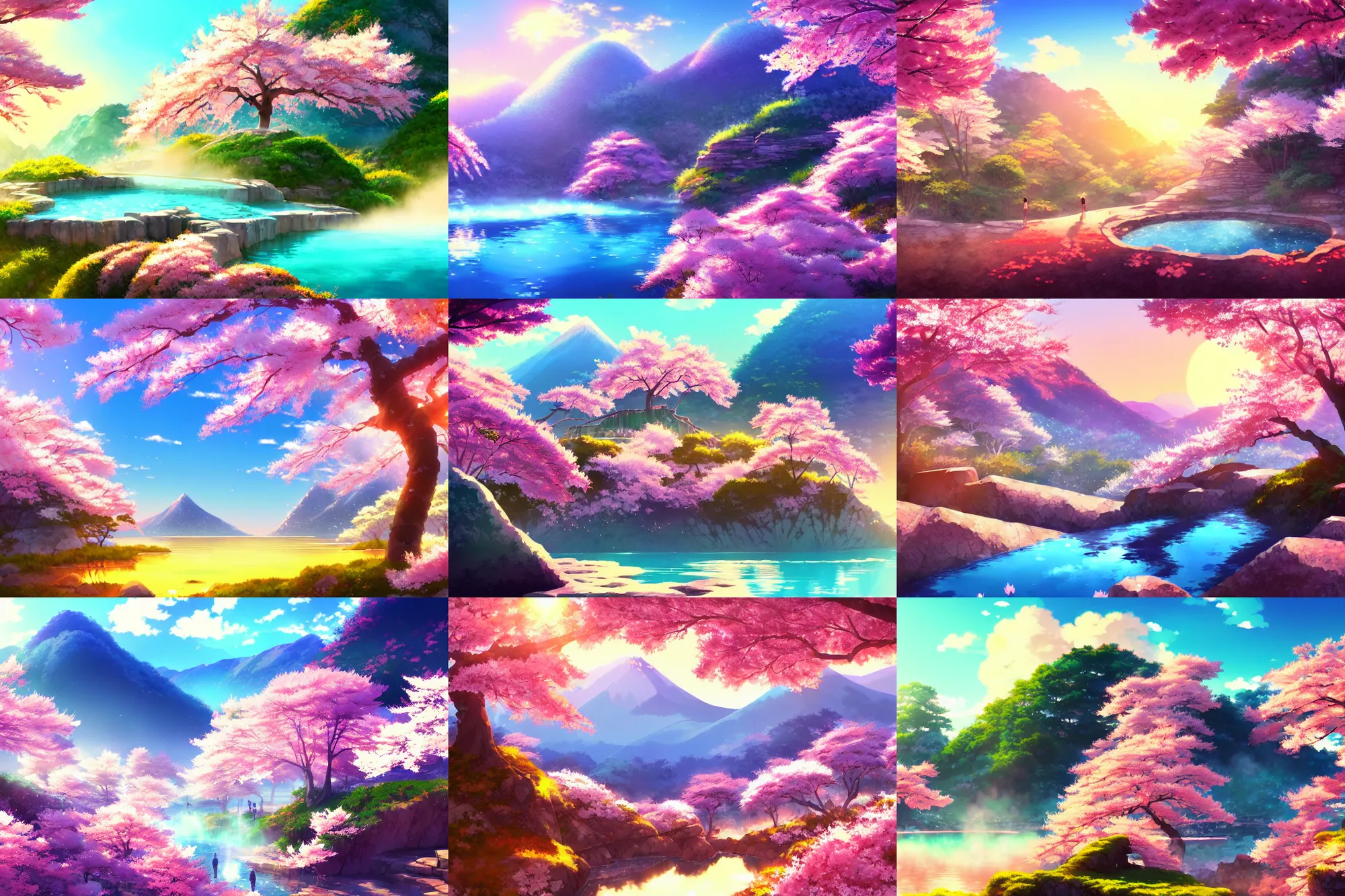 Prompt: a natural mountain hotspring, colorful anime movie background, key visual, bamboo, cherry blossom tree, golden hour, a fantasy digital painting by makoto shinkai and james gurney, trending on artstation, highly detailed
