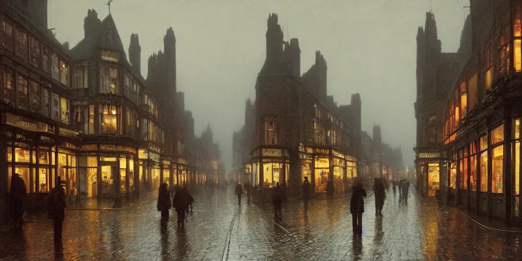 Image similar to Victorian city street with front view of shops on a rainy day in London, evening, low angle view, detailed matte painting, cinematic, John Atkinson Grimshaw, Artstation