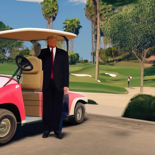 Prompt: Donald Trump leaning against his golf cart, GTA 5 loading-screen art, rule-of-thirds, 8k,