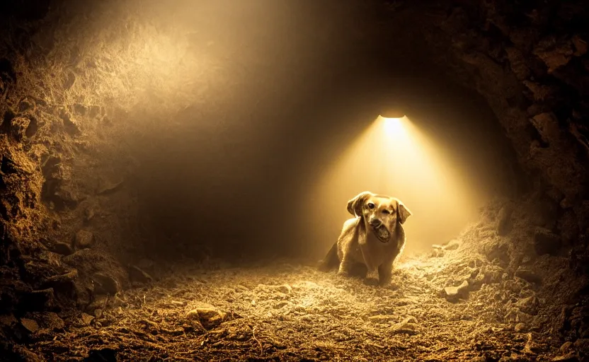 Image similar to a dirty golden retriever in a dark mine wearing a wild west hat and jacket, large piles of gold nuggets, moody lighting, light coming from tunnel entrance, stylized photo