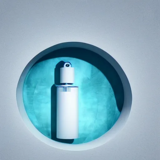 Image similar to perfume bottle splashing in white zen clean modern minimalist blue circular hotspring by peter tarka softly lit well contoured smooth fair walls, up close shot, sharp focus, zen, clean, modern minimalist, zaha hadid octane highly render, 4 k, ultra hd,