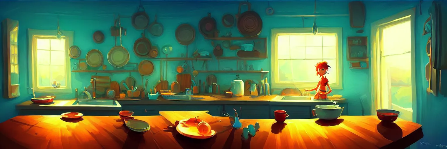 Image similar to fisheye spiral lines, naive nerikomi, weird perspective, extra narrow, detailed illustration of a kitchen dimly lit by rhads from lorax movie, trending artstation, true color