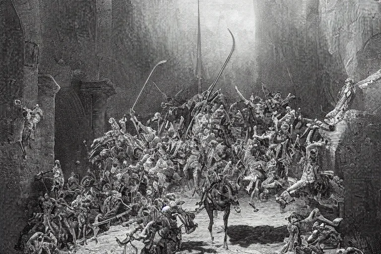 Image similar to highly detailed painting of the gate - in the shape of a book, don quixote runs out, symmetrical, masterpiece, highly detailed painting by gustave dore