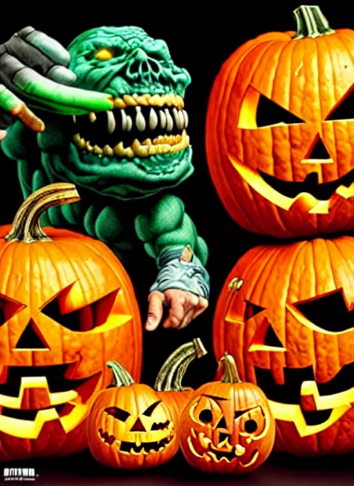 Image similar to hyperrealistic rendering, epic pumpkin overlord battle by art of skinner and richard corben and jeff easley, product photography, action figure, sofubi, studio lighting, colored gels