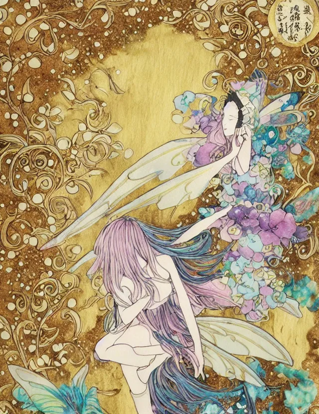 Prompt: faerie spirit of cupcakes, lost in the mountains. this watercolor and gold leaf work by the award - winning mangaka has a beautiful composition and intricate details.