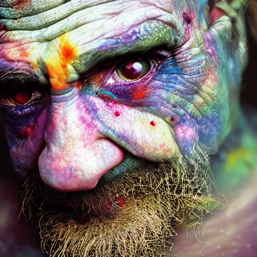 Prompt: a realistic photograph of a orc with colorful galaxy eyes taken by sally mann, portrait, foggy, hazy, muted colors, detailed, bleak, 70mm