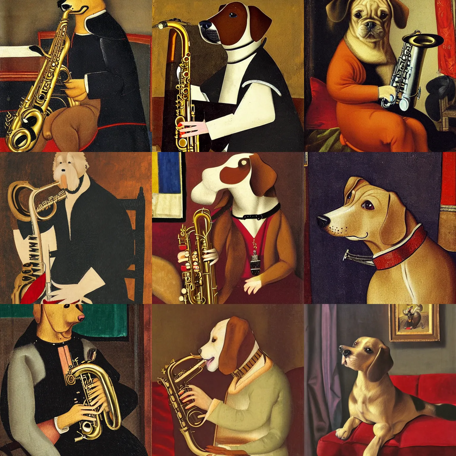 Prompt: dog playing the saxophone, sitting on the couch, medieval portrait