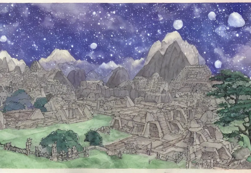 Prompt: a cell - shaded watercolor concept art from a studio ghibli film showing one giant grey alien. a temple is under construction in the background in machu pichu on a misty and starry night. by studio ghibli. very dull muted colors